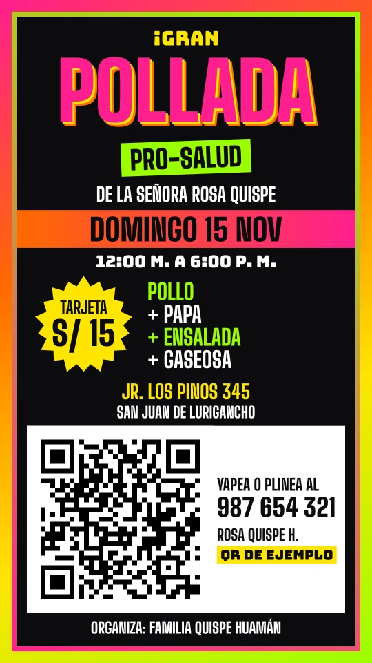 El mismo afiche en estilo chicha: letras fucsia y amarillo sobre negro, con marco en degradado