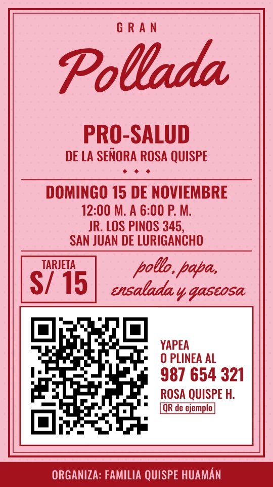 Afiche de ejemplo en estilo tarjeta impresa: Gran Pollada pro-salud, domingo 15 de noviembre, tarjeta a 15 soles, con el QR de pago