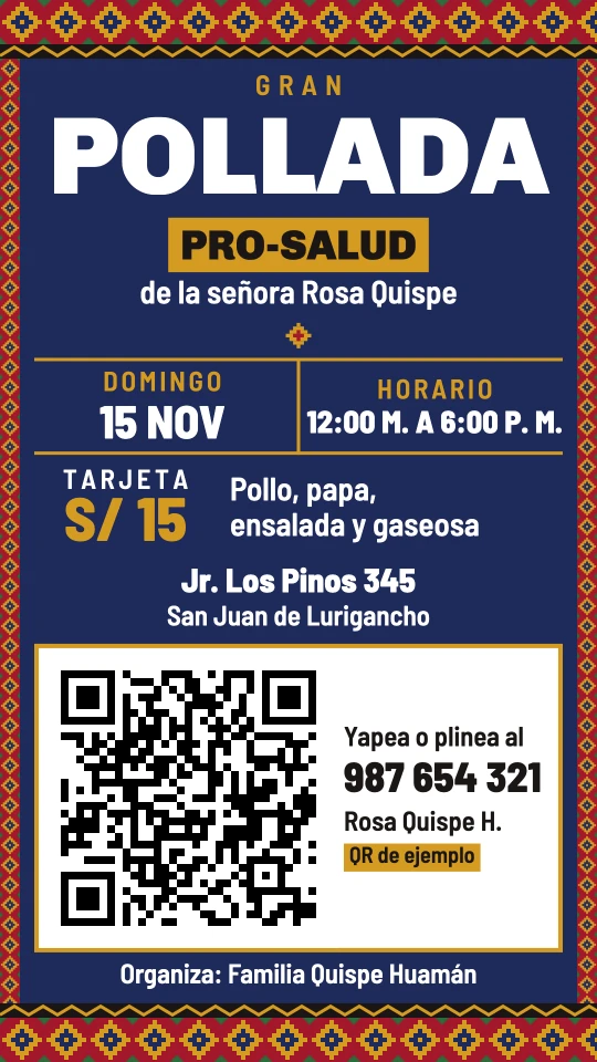 El mismo afiche en estilo textil andino: fondo azul noche con guardas tejidas en rojo y amarillo
